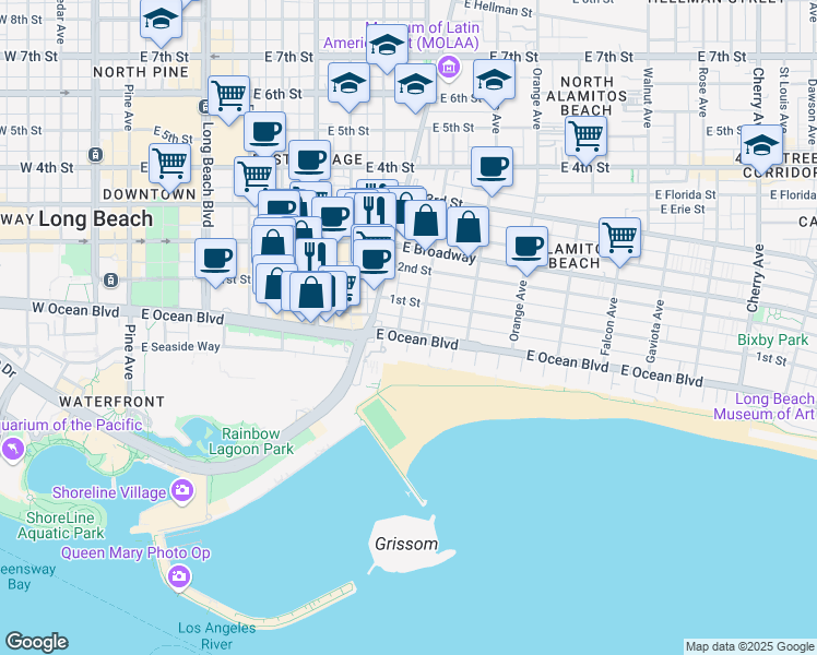 map of restaurants, bars, coffee shops, grocery stores, and more near 915 East Ocean Boulevard in Long Beach