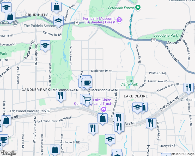 map of restaurants, bars, coffee shops, grocery stores, and more near 451 Hardendorf Avenue Northeast in Atlanta