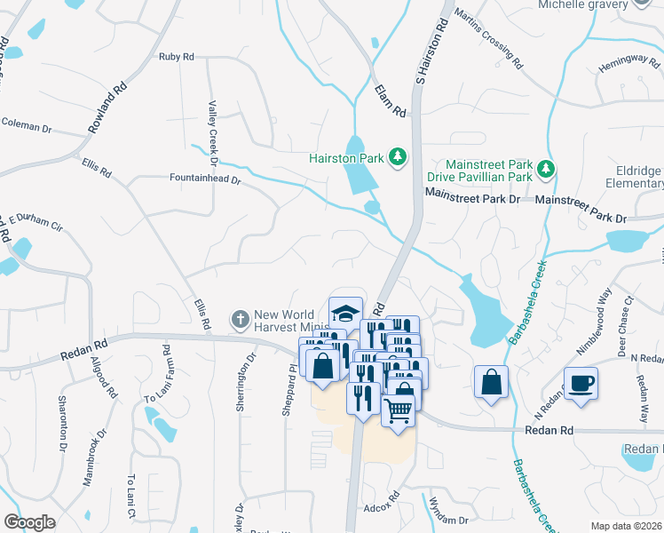 map of restaurants, bars, coffee shops, grocery stores, and more near 1003 Romer Place in Stone Mountain