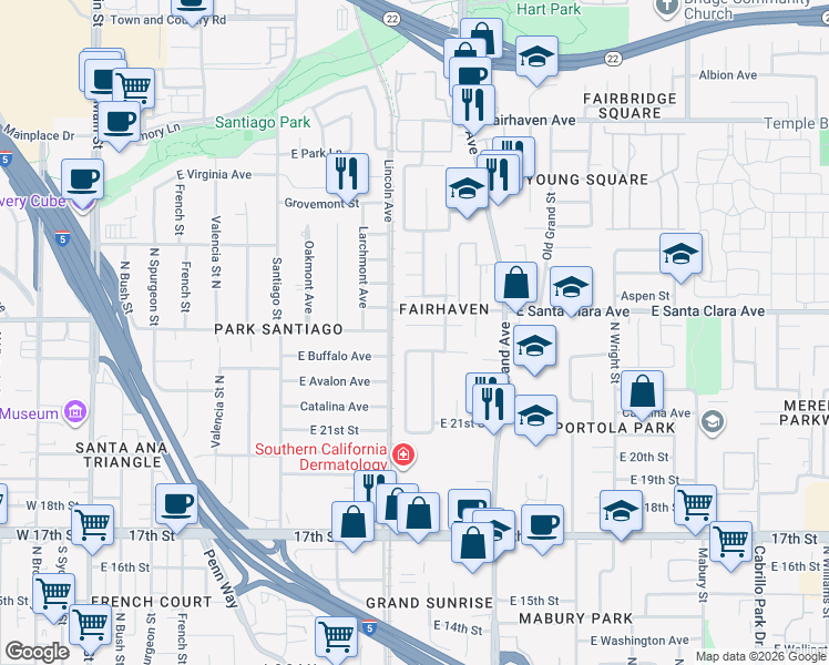 map of restaurants, bars, coffee shops, grocery stores, and more near 1114 East Buffalo Avenue in Santa Ana