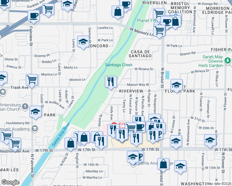map of restaurants, bars, coffee shops, grocery stores, and more near 1630 West Santa Clara Avenue in Santa Ana