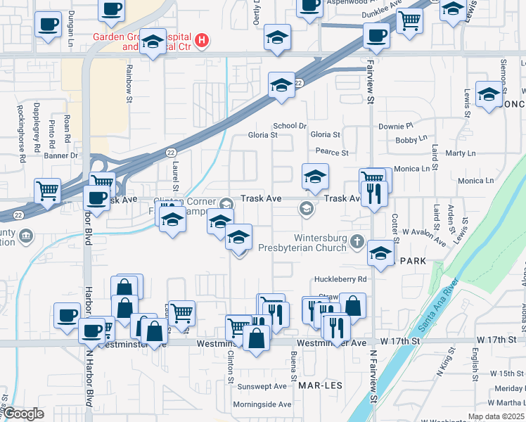 map of restaurants, bars, coffee shops, grocery stores, and more near 12651 James Avenue in Garden Grove