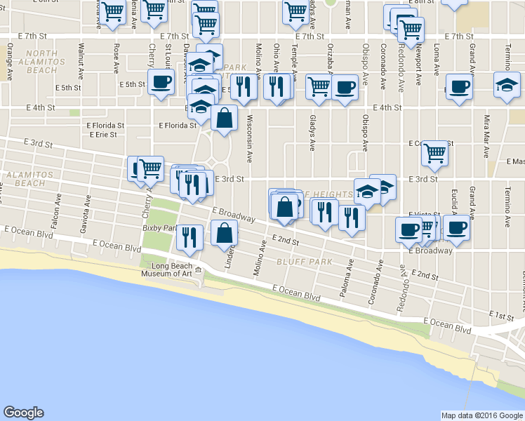 map of restaurants, bars, coffee shops, grocery stores, and more near 257 Molino Avenue in Long Beach