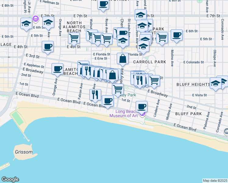 map of restaurants, bars, coffee shops, grocery stores, and more near 1918 2nd Street in Long Beach
