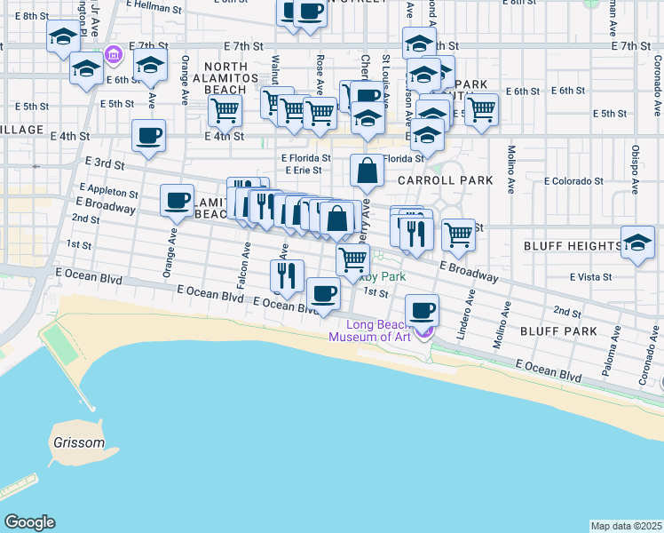 map of restaurants, bars, coffee shops, grocery stores, and more near in Long Beach