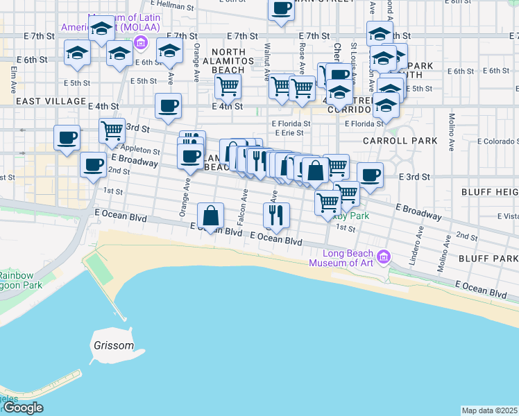 map of restaurants, bars, coffee shops, grocery stores, and more near 1521 East 1st Street in Long Beach