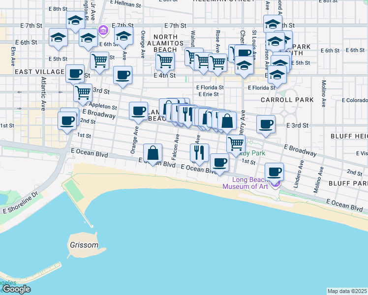 map of restaurants, bars, coffee shops, grocery stores, and more near 1521 East 1st Street in Long Beach