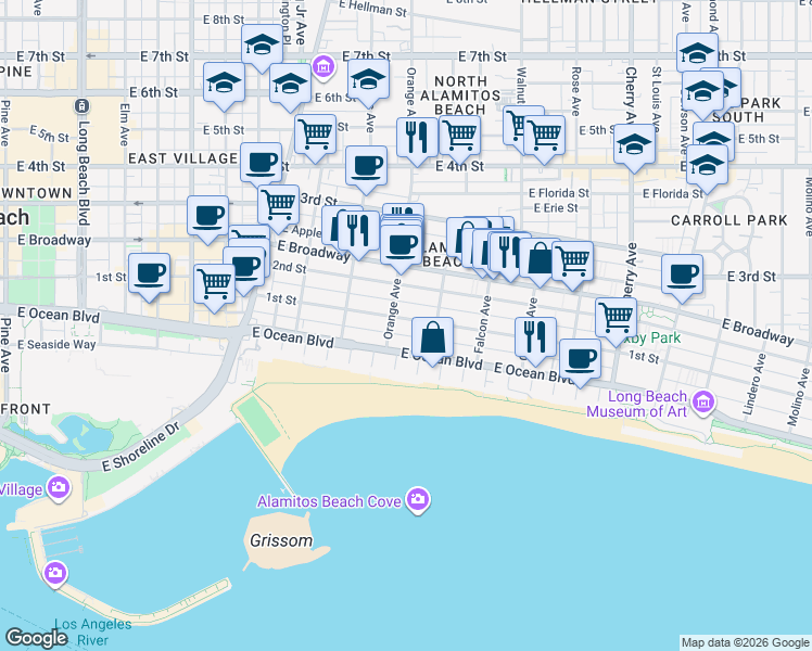 map of restaurants, bars, coffee shops, grocery stores, and more near 1250 East 1st Street in Long Beach