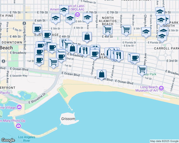 map of restaurants, bars, coffee shops, grocery stores, and more near 33 Orange Avenue in Long Beach
