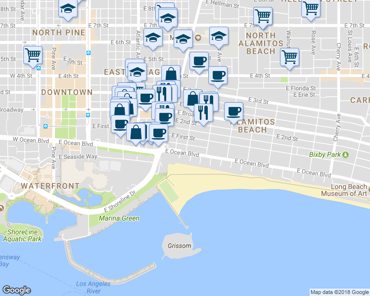 map of restaurants, bars, coffee shops, grocery stores, and more near 1007 East Ocean Boulevard in Long Beach