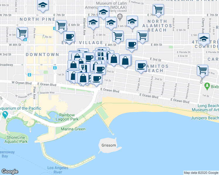 map of restaurants, bars, coffee shops, grocery stores, and more near 841 East Ocean Boulevard in Long Beach