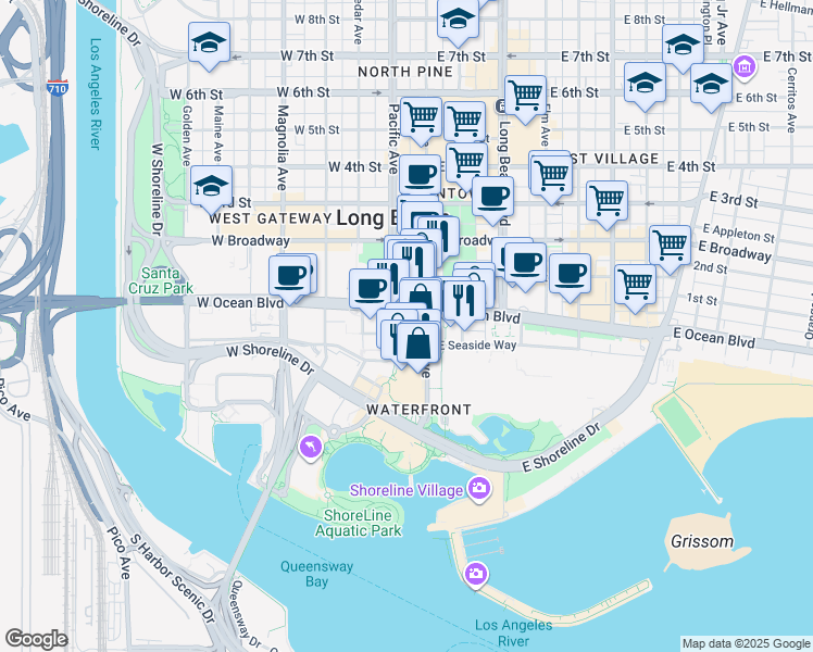 map of restaurants, bars, coffee shops, grocery stores, and more near in Long Beach
