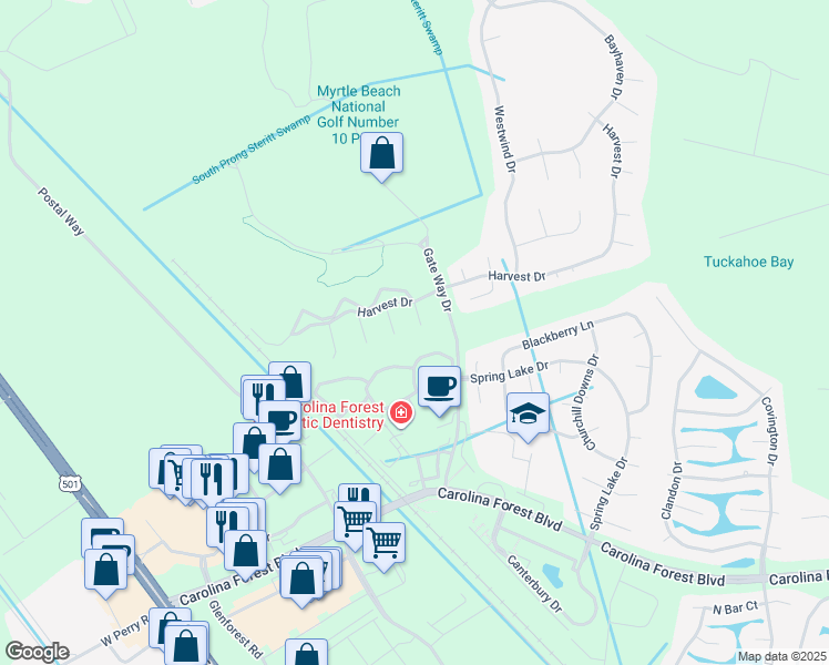 map of restaurants, bars, coffee shops, grocery stores, and more near 102 Britewater Court in Myrtle Beach