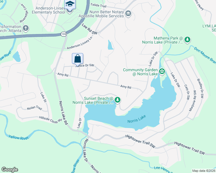map of restaurants, bars, coffee shops, grocery stores, and more near 4505 Amy Road in Snellville