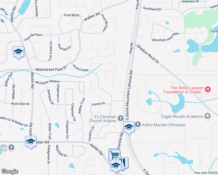 map of restaurants, bars, coffee shops, grocery stores, and more near 783 Fox Valley Drive in Stone Mountain