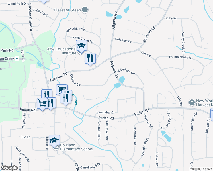 map of restaurants, bars, coffee shops, grocery stores, and more near 4241 Durham Circle in Stone Mountain