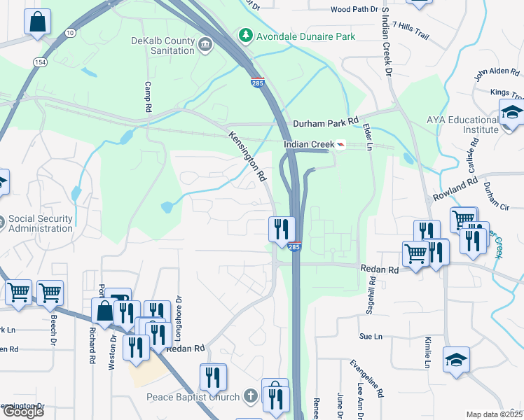 map of restaurants, bars, coffee shops, grocery stores, and more near in DeKalb County