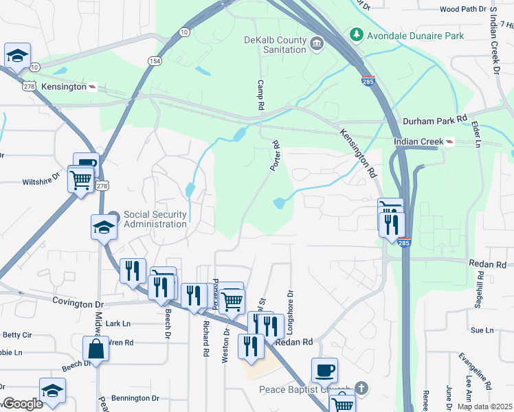 map of restaurants, bars, coffee shops, grocery stores, and more near 980 Porter Road in Decatur