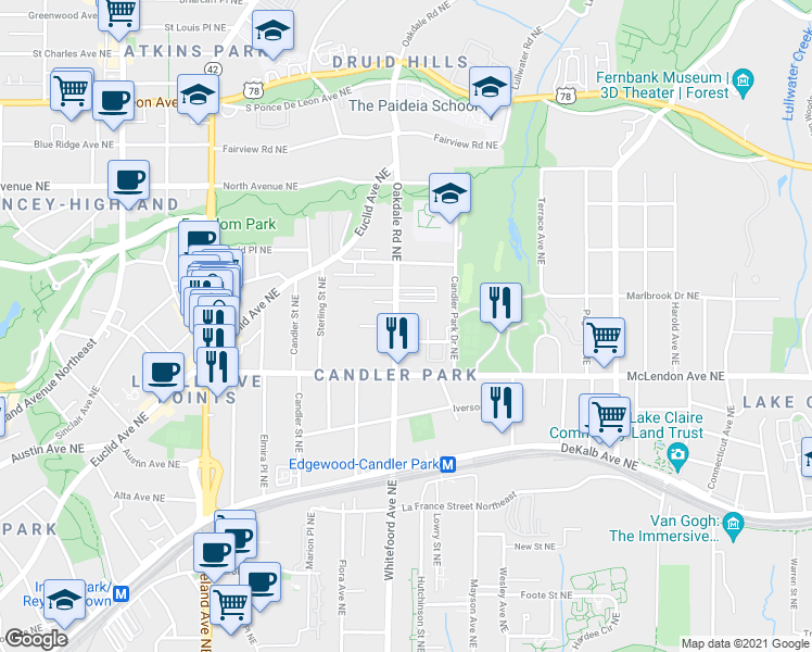 map of restaurants, bars, coffee shops, grocery stores, and more near 442 Oakdale Road Northeast in Atlanta