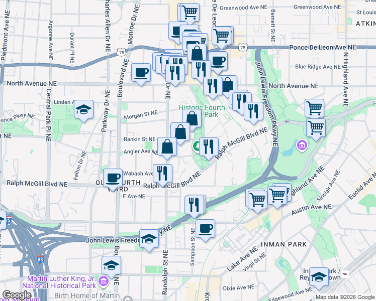 map of restaurants, bars, coffee shops, grocery stores, and more near 652 Angier Ave NE in Atlanta