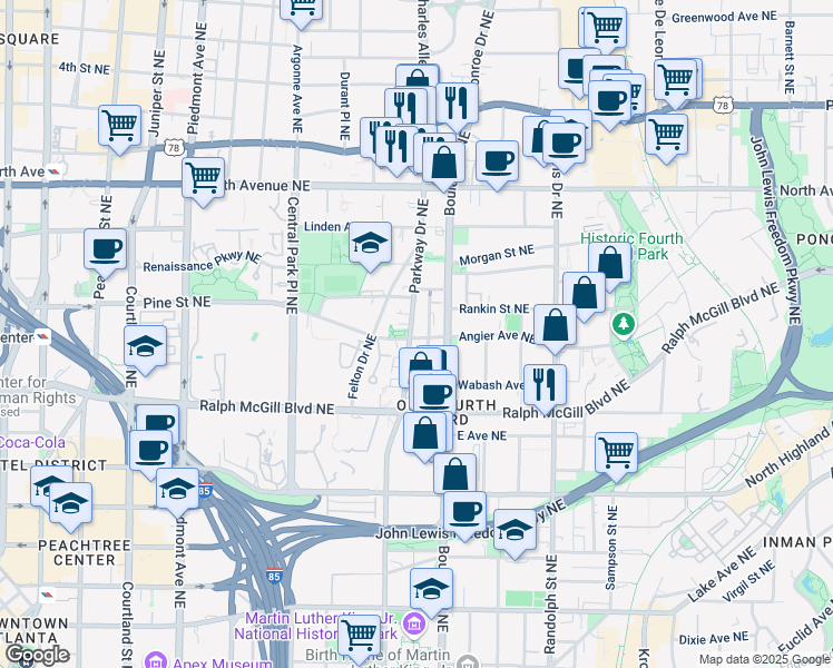 map of restaurants, bars, coffee shops, grocery stores, and more near 437 Parkway Drive Northeast in Atlanta