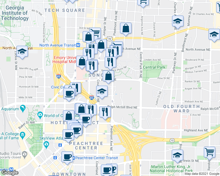 map of restaurants, bars, coffee shops, grocery stores, and more near 450 Piedmont Avenue Northeast in Atlanta