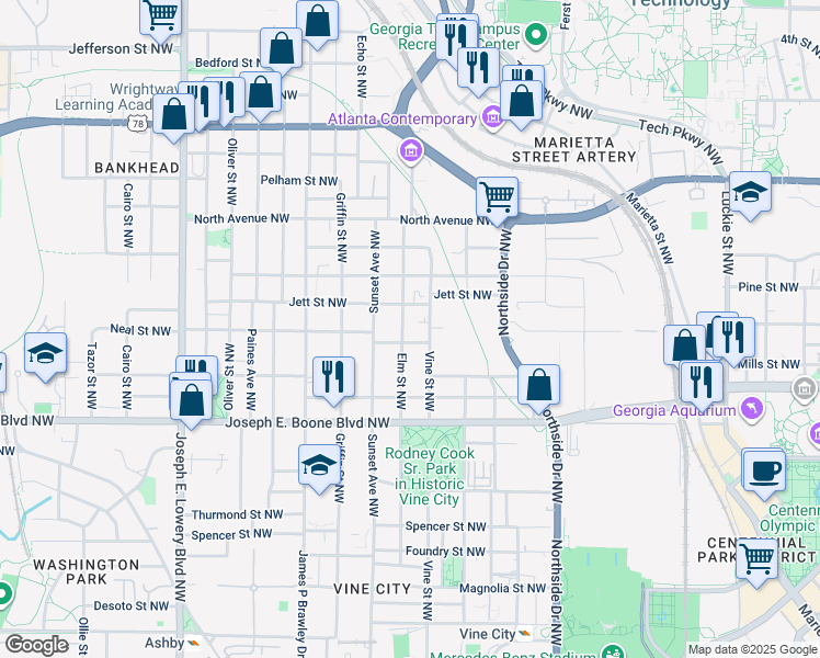 map of restaurants, bars, coffee shops, grocery stores, and more near 434 Vine Street Northwest in Atlanta