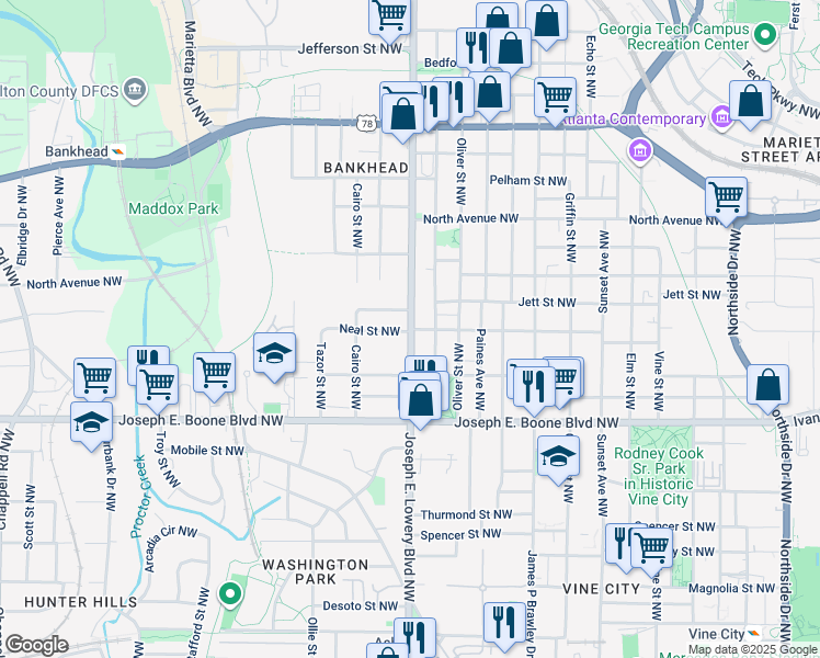 map of restaurants, bars, coffee shops, grocery stores, and more near 435 Joseph E. Lowery Boulevard Northwest in Atlanta