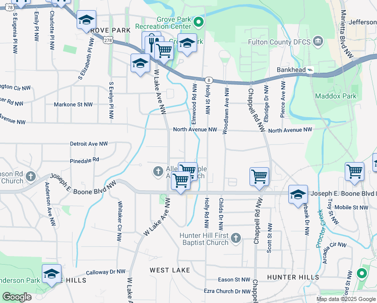 map of restaurants, bars, coffee shops, grocery stores, and more near 419 Lanier Street Northwest in Atlanta