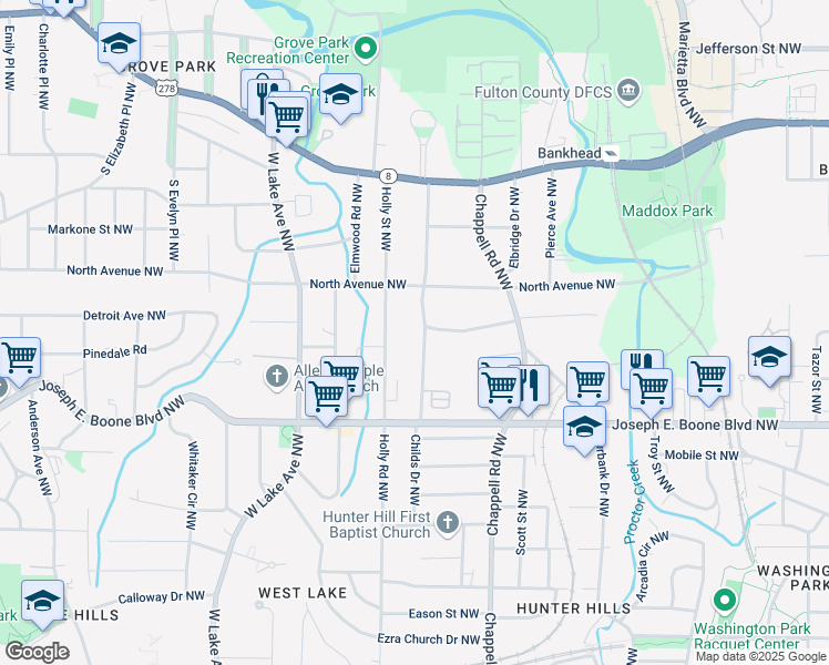 map of restaurants, bars, coffee shops, grocery stores, and more near 416 Woodlawn Avenue Northwest in Atlanta