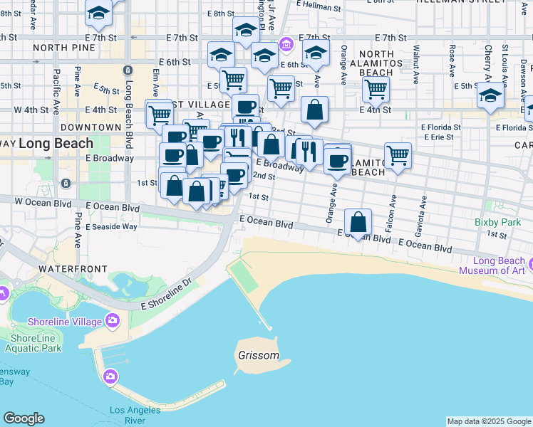 map of restaurants, bars, coffee shops, grocery stores, and more near 1007 East Ocean Boulevard in Long Beach