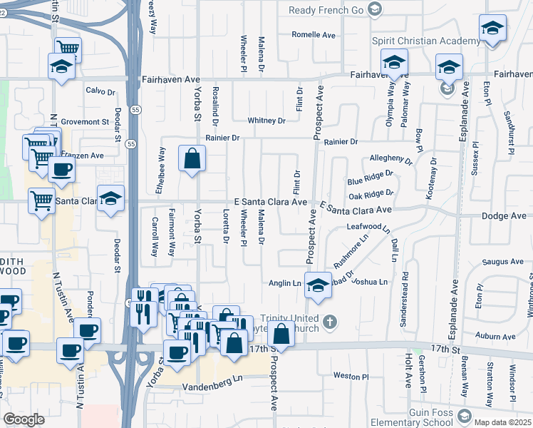 map of restaurants, bars, coffee shops, grocery stores, and more near 13532 Malena Drive in Tustin