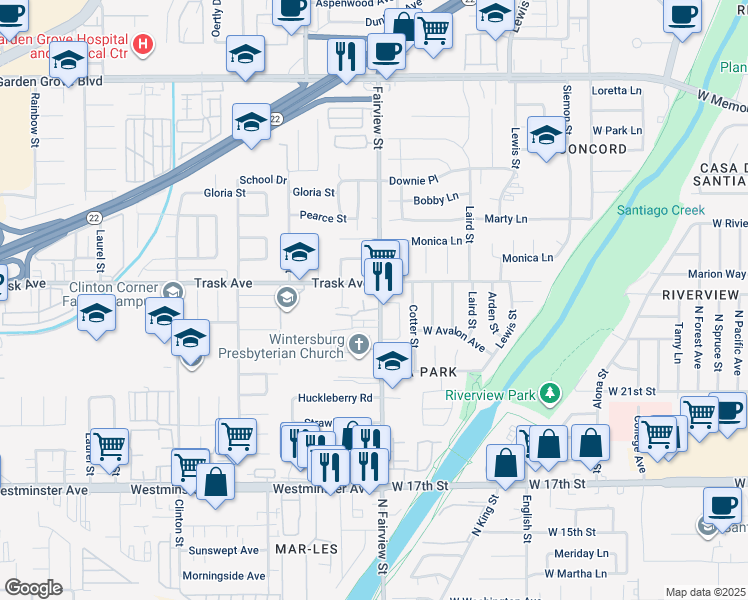 map of restaurants, bars, coffee shops, grocery stores, and more near 12949 Fairview Street in Garden Grove