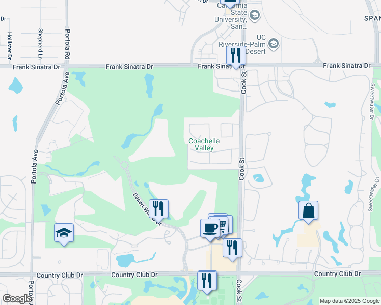 map of restaurants, bars, coffee shops, grocery stores, and more near 29 Covington Drive in Palm Desert