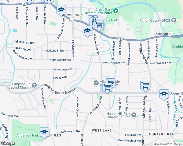 map of restaurants, bars, coffee shops, grocery stores, and more near 1676 Nekoma Street Northwest in Atlanta