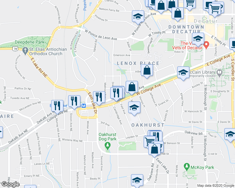 map of restaurants, bars, coffee shops, grocery stores, and more near 809 West Howard Avenue in Decatur