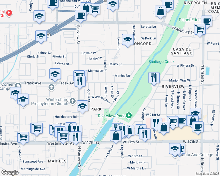 map of restaurants, bars, coffee shops, grocery stores, and more near 2214 Arden Street in Santa Ana