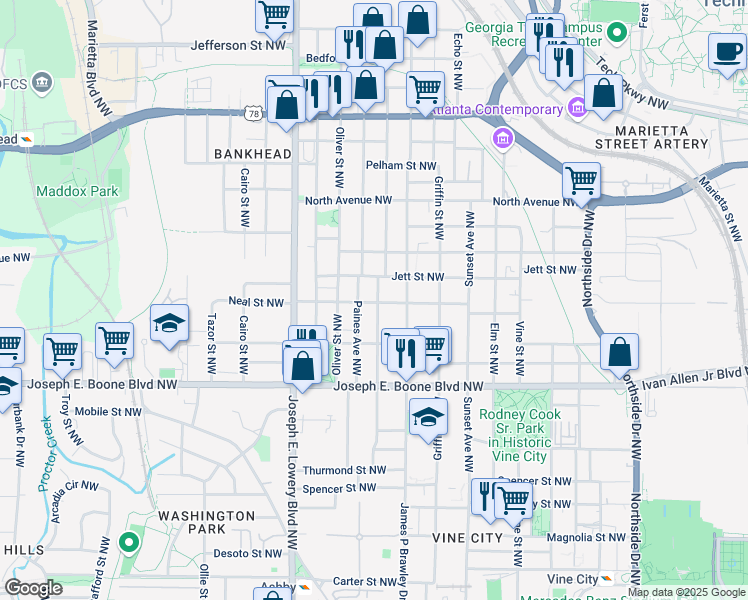 map of restaurants, bars, coffee shops, grocery stores, and more near 432 Andrew J Hairston Boulevard Northwest in Atlanta