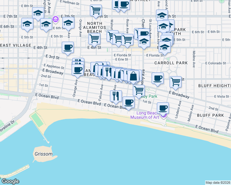 map of restaurants, bars, coffee shops, grocery stores, and more near 122 Gaviota Avenue in Long Beach