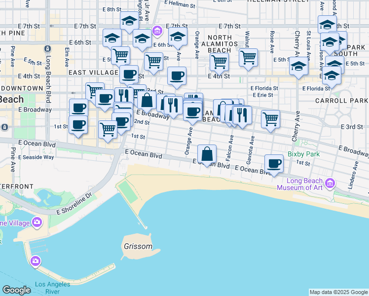 map of restaurants, bars, coffee shops, grocery stores, and more near 33 Orange Avenue in Long Beach