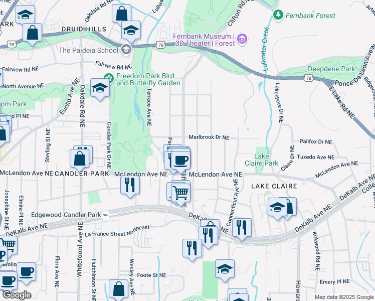 map of restaurants, bars, coffee shops, grocery stores, and more near 452 Clifton Road Northeast in Atlanta
