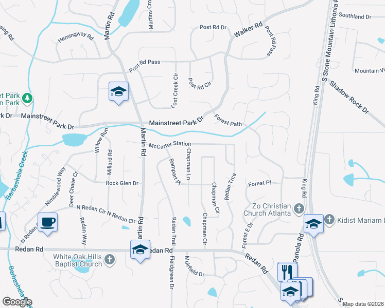 map of restaurants, bars, coffee shops, grocery stores, and more near 961 Chapman Lane in Stone Mountain