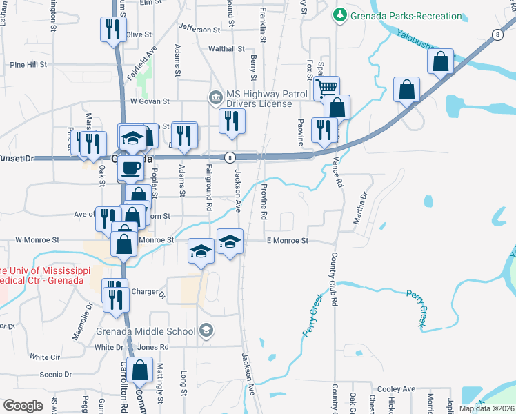 map of restaurants, bars, coffee shops, grocery stores, and more near 1721-1799 Provine Road in Grenada
