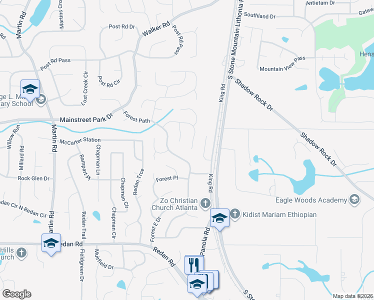 map of restaurants, bars, coffee shops, grocery stores, and more near 783 Fox Valley Drive in Stone Mountain
