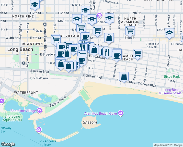 map of restaurants, bars, coffee shops, grocery stores, and more near 1007 East Ocean Boulevard in Long Beach