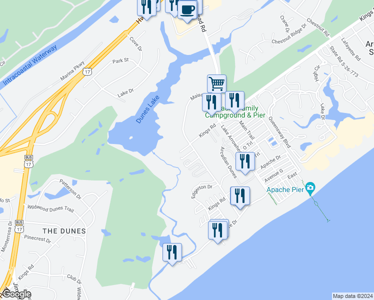 map of restaurants, bars, coffee shops, grocery stores, and more near 9570 Kings Road Extension in Myrtle Beach