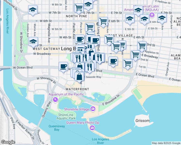 map of restaurants, bars, coffee shops, grocery stores, and more near 40 South Locust Avenue in Long Beach