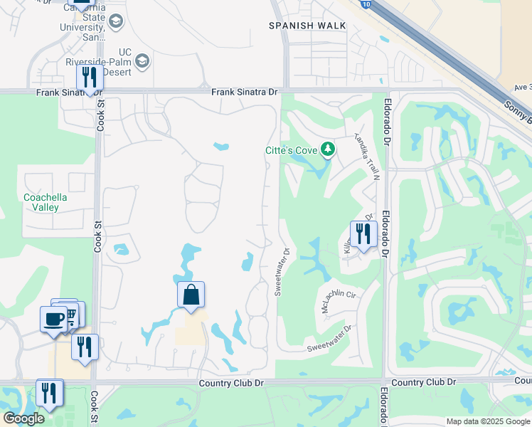 map of restaurants, bars, coffee shops, grocery stores, and more near 288 Desert Falls Drive East in Palm Desert