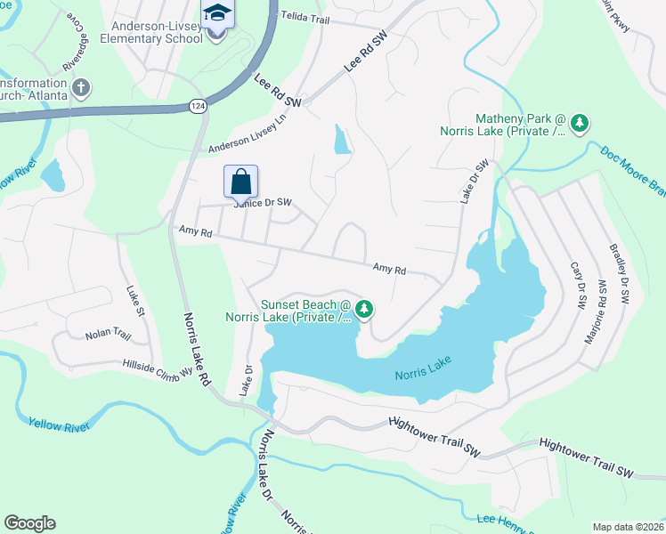 map of restaurants, bars, coffee shops, grocery stores, and more near 4505 Amy Road in Snellville
