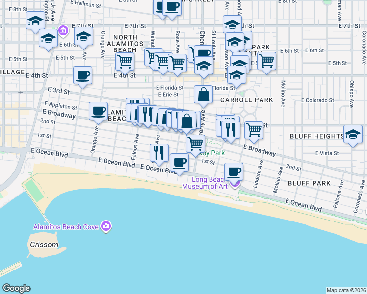 map of restaurants, bars, coffee shops, grocery stores, and more near 1822 2nd Street in Long Beach